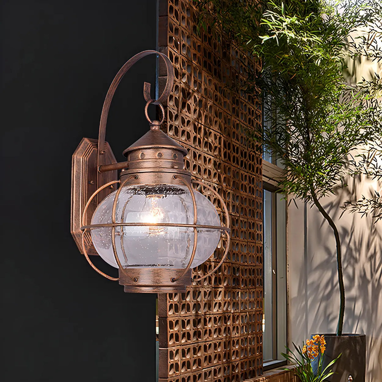 Industrial Globe Bronze Glass Exterior Wall Sconce Light Image - 13