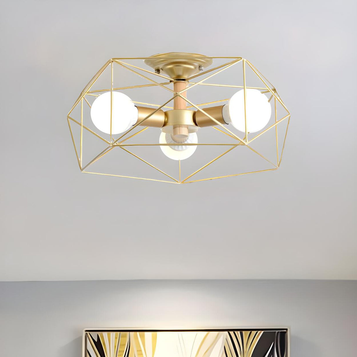 Industrial Gold Geometric Semi-Flush Mount Lamp 3-Light Image - 1