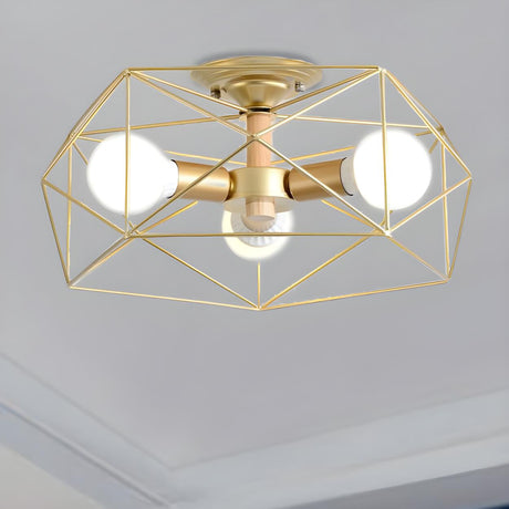 Industrial Gold Geometric Semi-Flush Mount Lamp 3-Light Image - 2