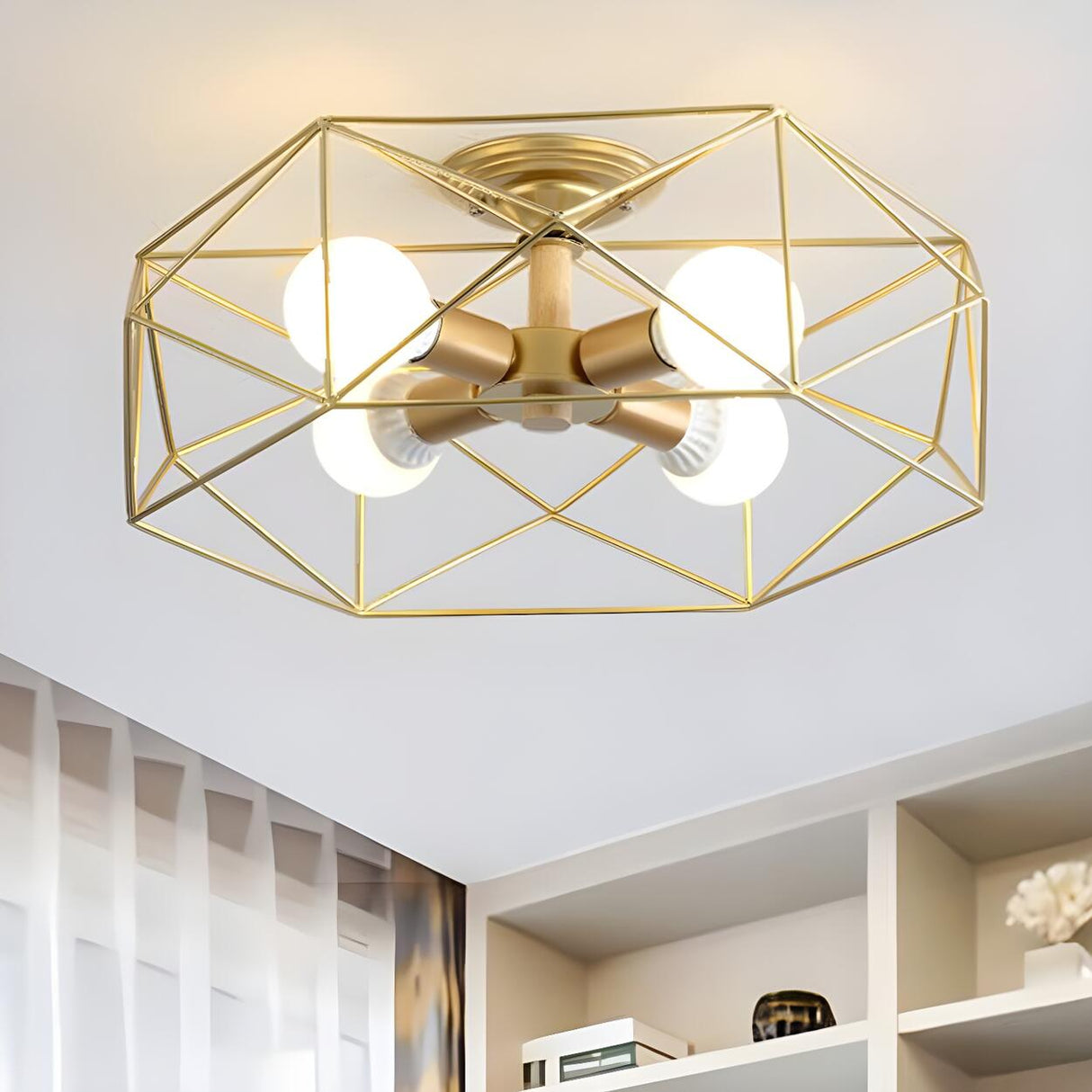 Industrial Gold Geometric Semi-Flush Mount Lamp 3-Light Image - 5