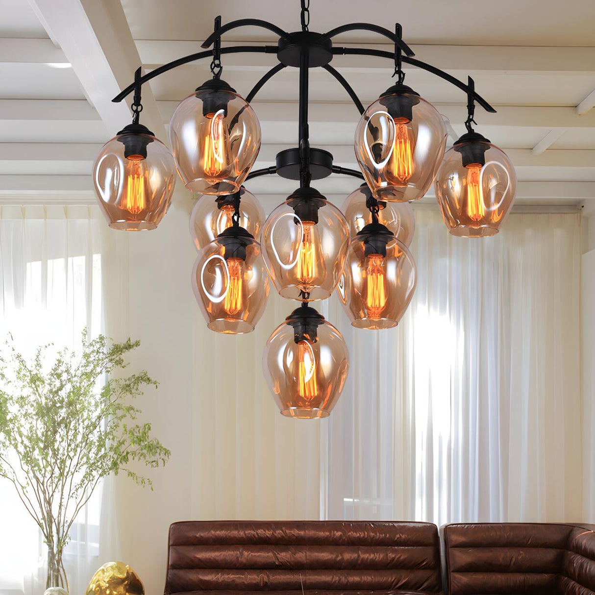 Industrial Grape Amber Glass Exposed Bulbs Chandelier Image - 1