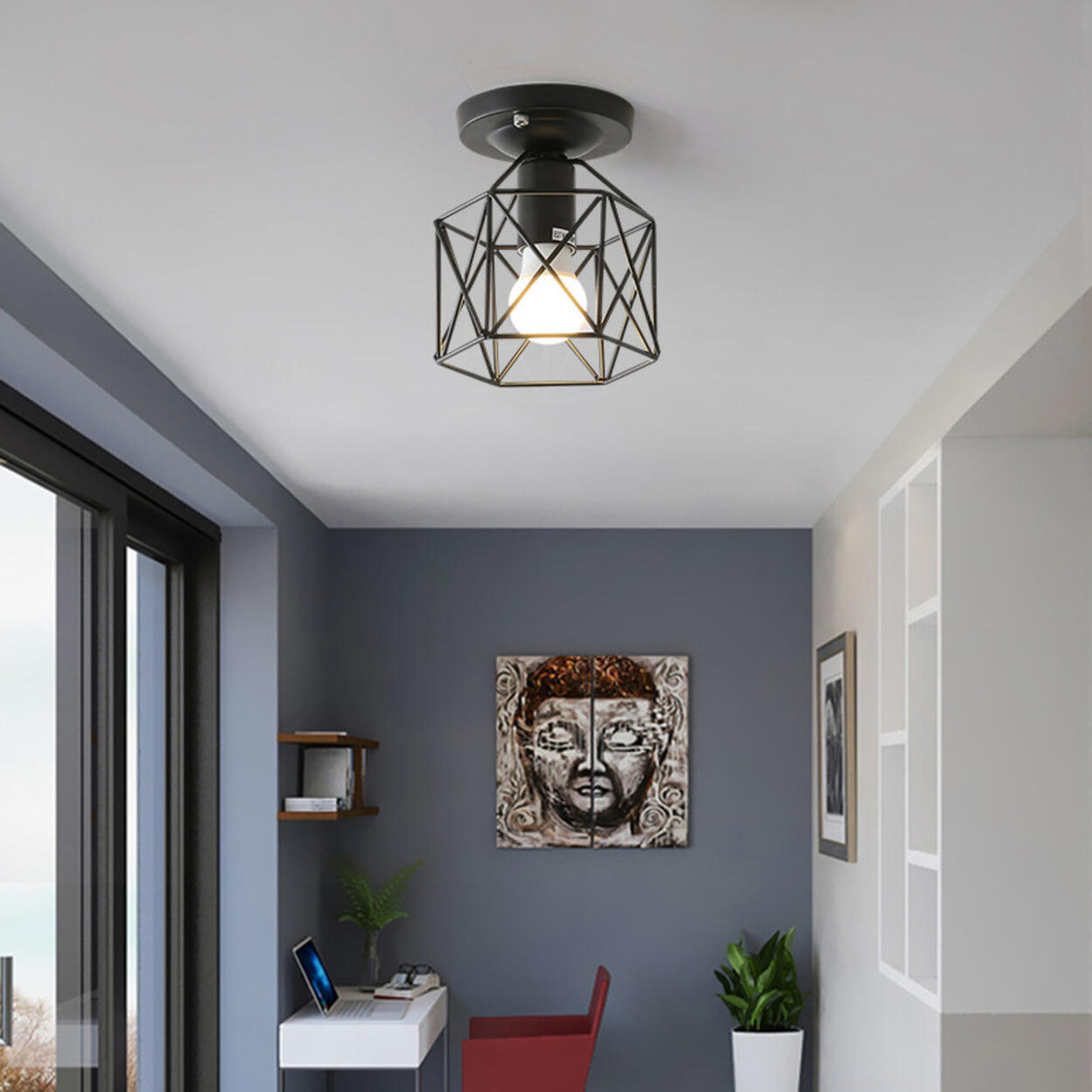 Industrial Iron Net Black Semi-Flush Mount Lamp Hallway Image - 1