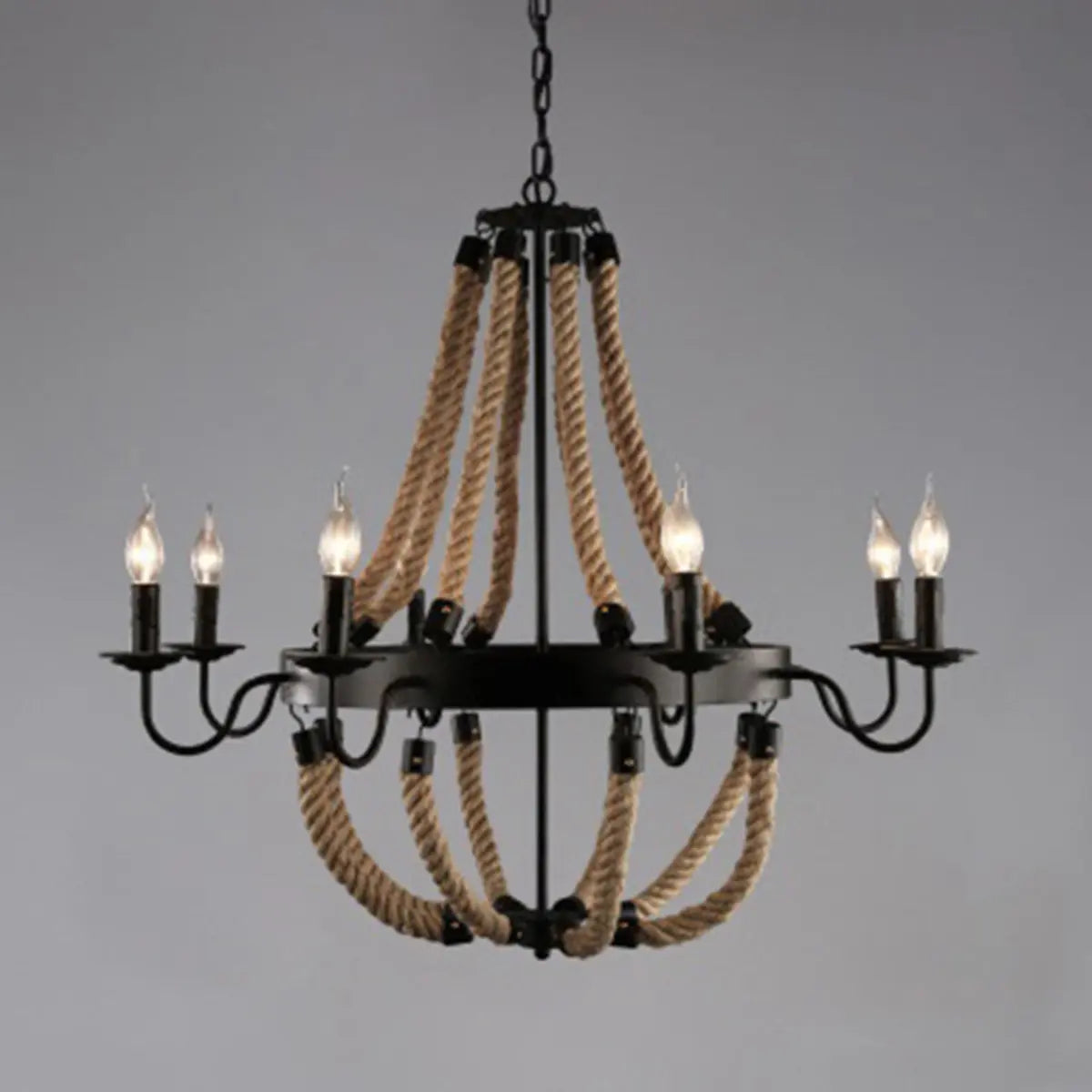 Industrial Wheel Metal Rope Living Room Black Chandelier Image - 10