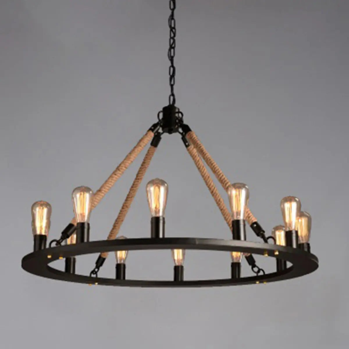 Industrial Wheel Metal Rope Living Room Black Chandelier Image - 11