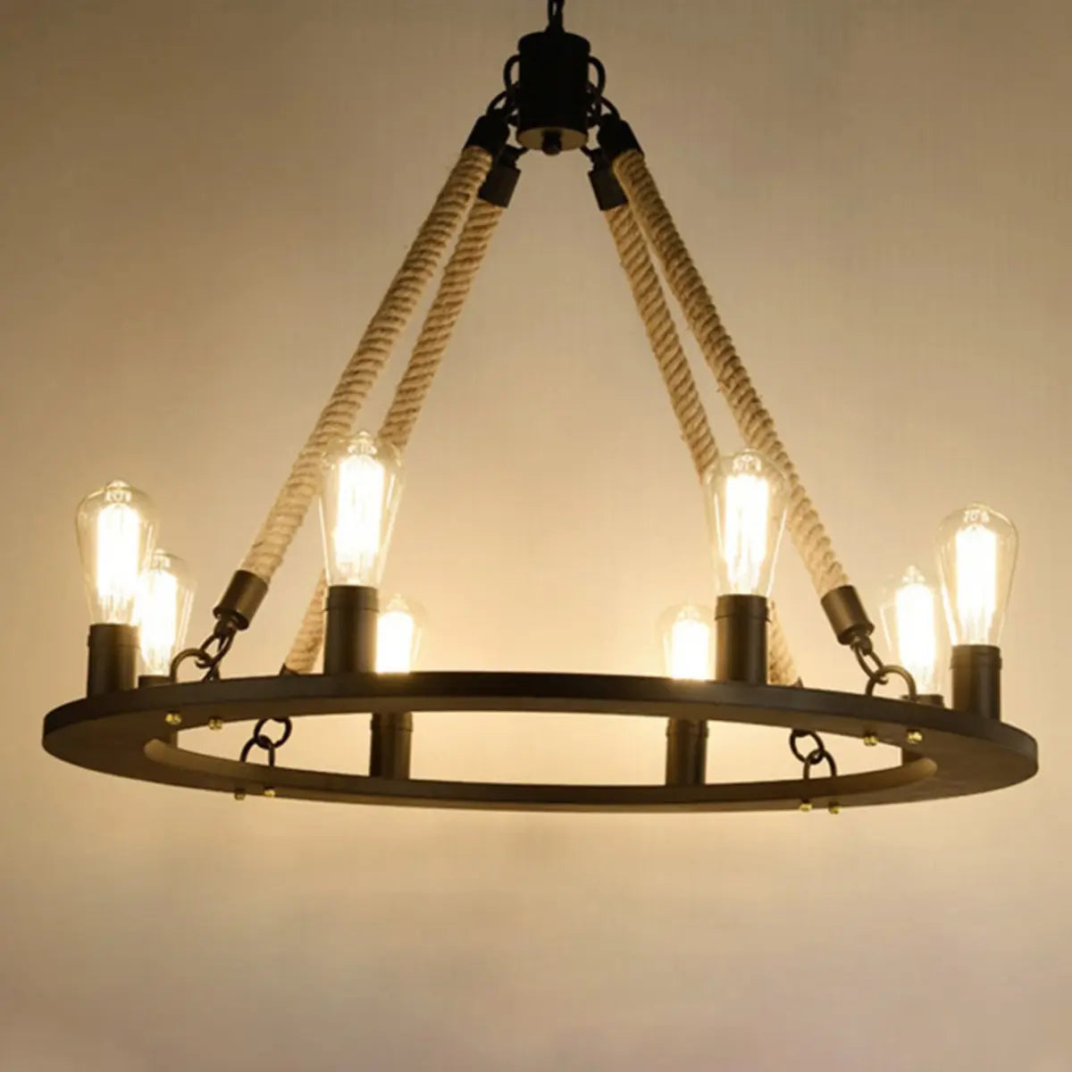 Industrial Wheel Metal Rope Living Room Black Chandelier Image - 12