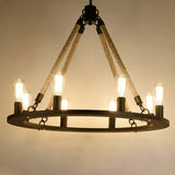 Industrial Wheel Metal Rope Living Room Black Chandelier Image - 12