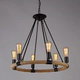 Industrial Wheel Metal Rope Living Room Black Chandelier Image - 2