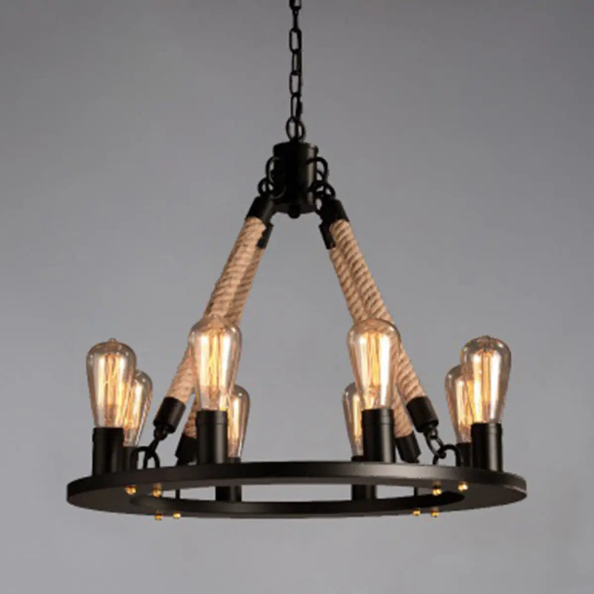 Industrial Wheel Metal Rope Living Room Black Chandelier Image - 13