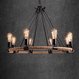 Industrial Wheel Metal Rope Living Room Black Chandelier Image - 14