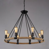 Industrial Wheel Metal Rope Living Room Black Chandelier Image - 4