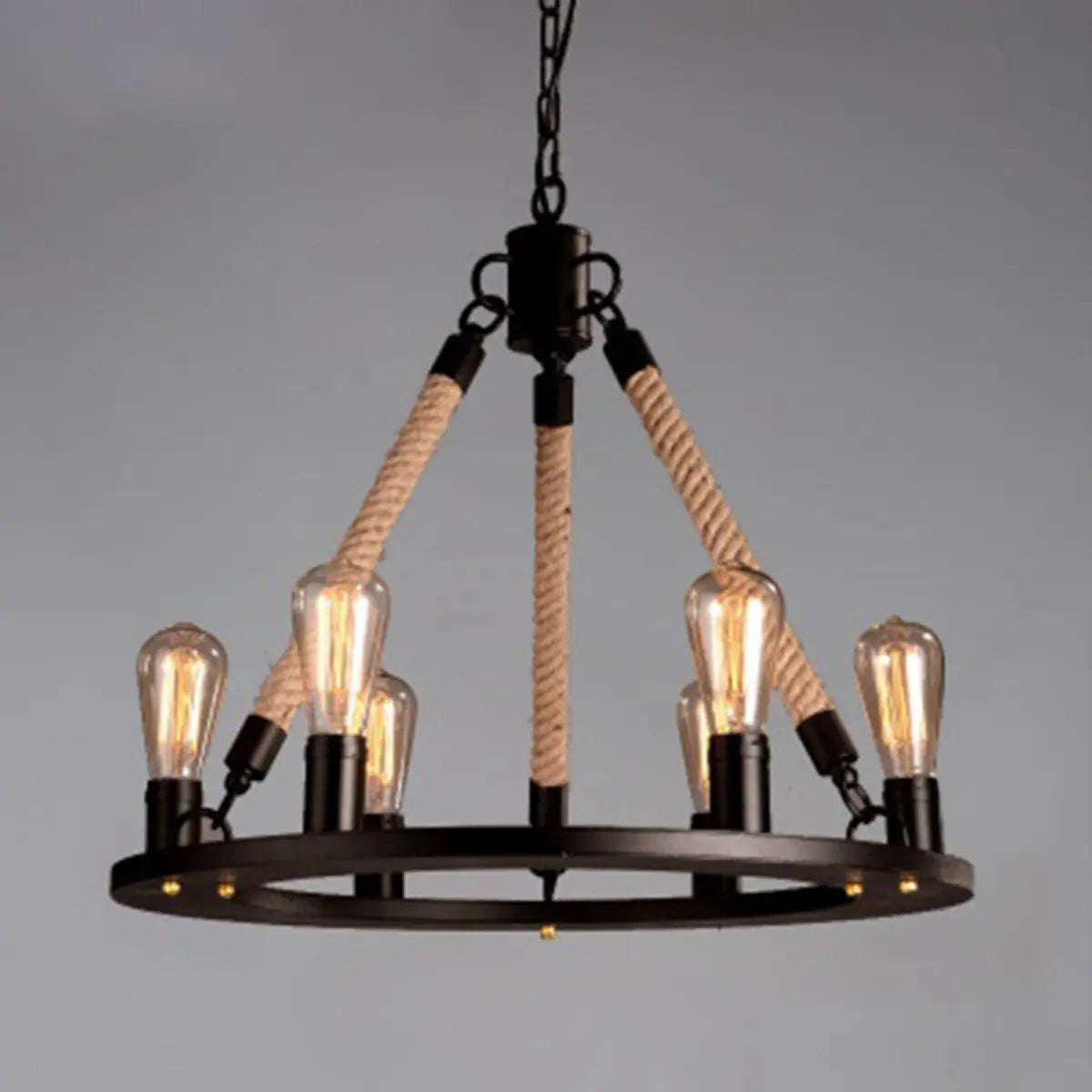 Industrial Wheel Metal Rope Living Room Black Chandelier Image - 15