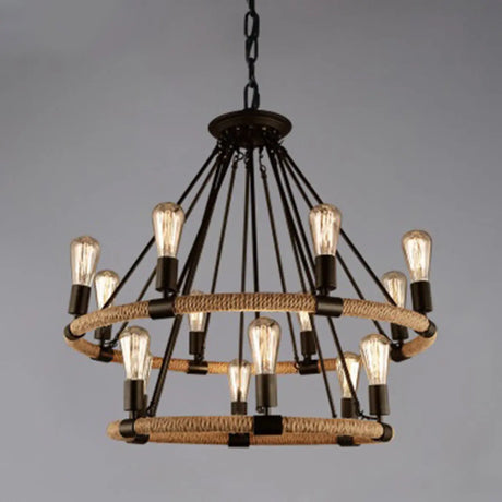 Industrial Wheel Metal Rope Living Room Black Chandelier Image - 5