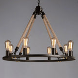 Industrial Wheel Metal Rope Living Room Black Chandelier Image - 7