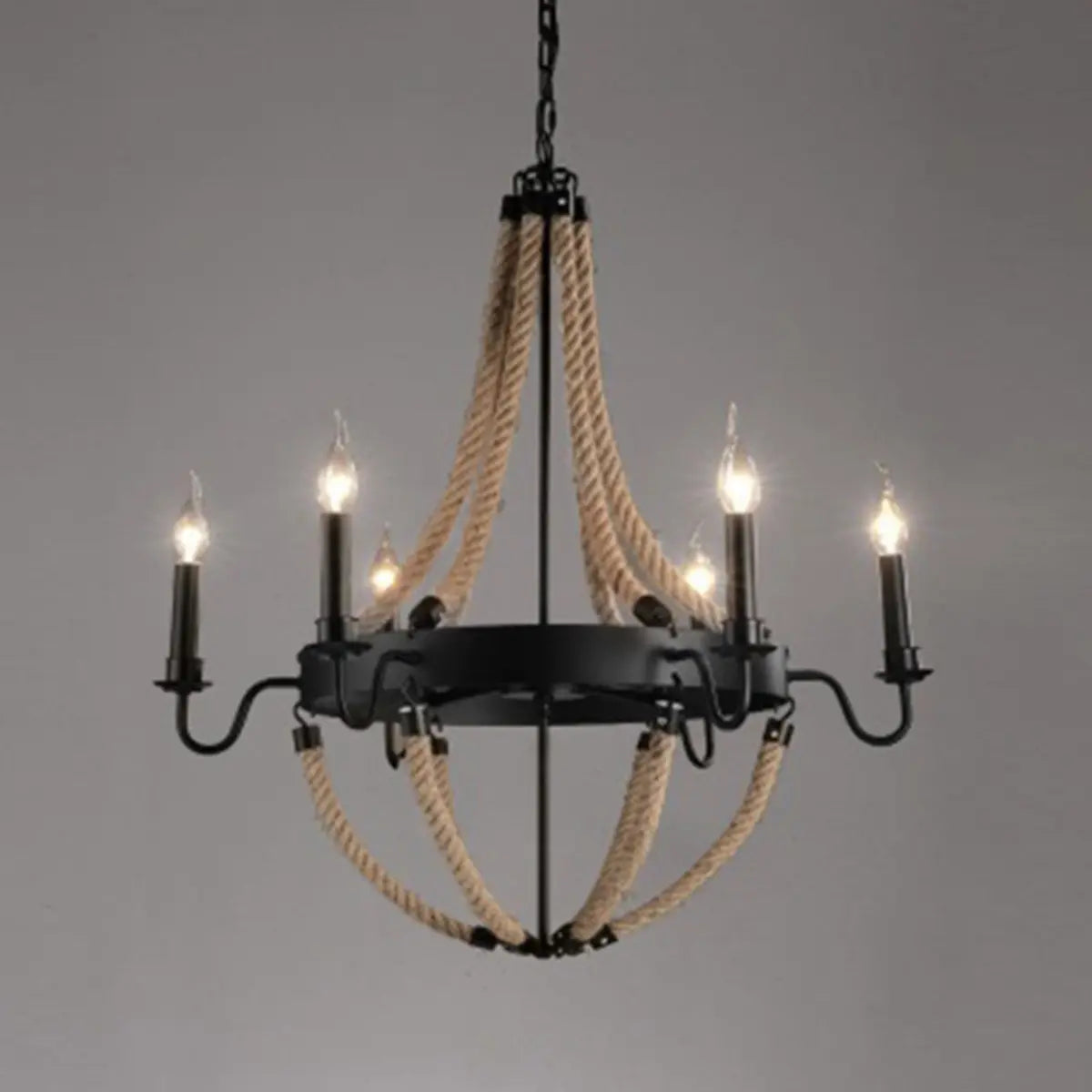 Industrial Wheel Metal Rope Living Room Black Chandelier Image - 8