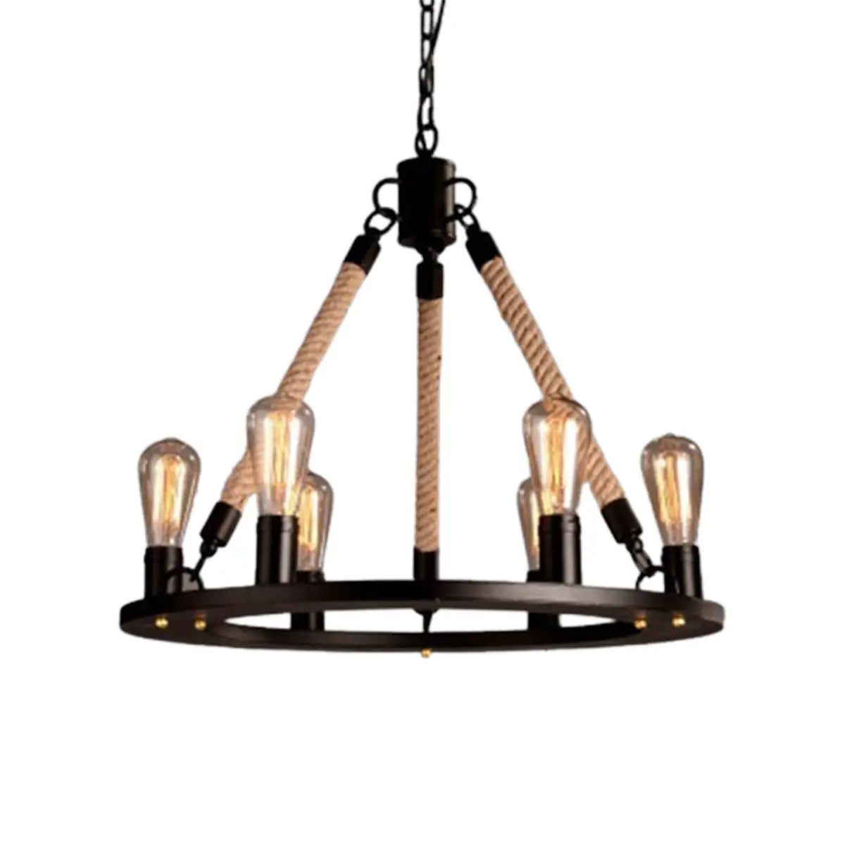 Industrial Wheel Metal Rope Living Room Black Chandelier Image - 9