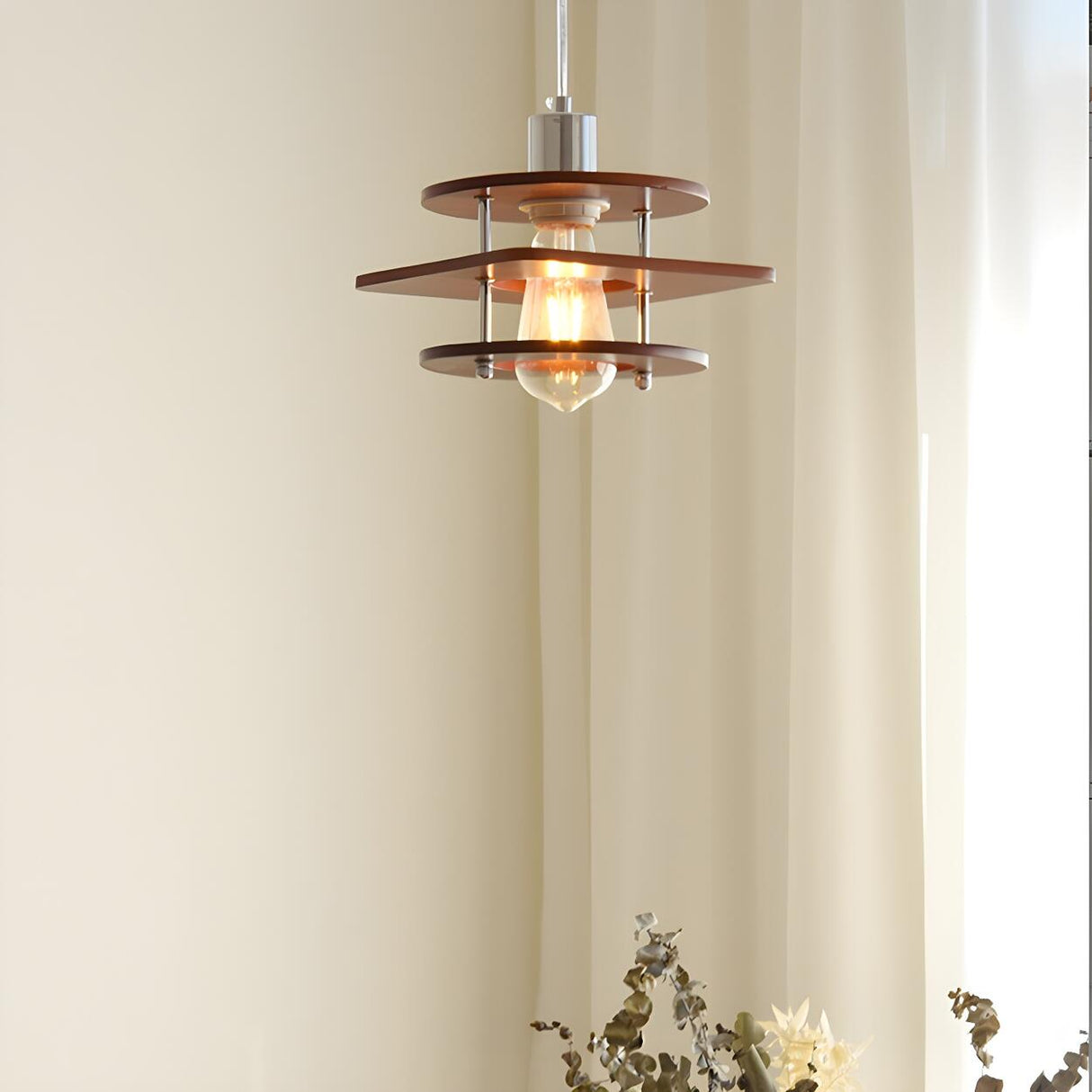 Industrial Layered Square Walnut Solid Wood Pendant Light Image - 4