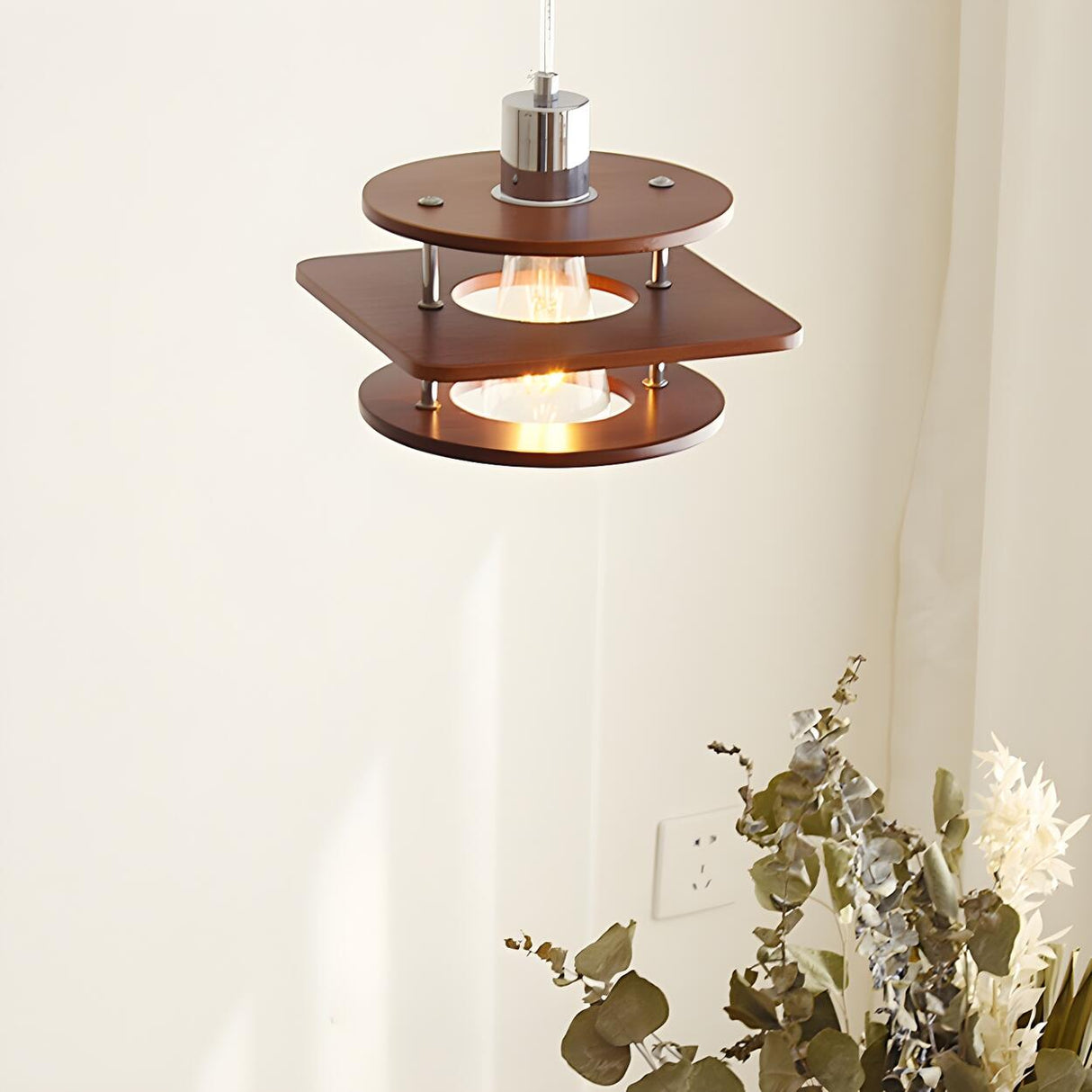 Industrial Layered Square Walnut Solid Wood Pendant Light Image - 6