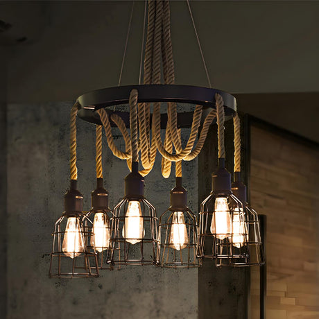 Industrial Metal Bell Cage Rope Chandelier Image - 2