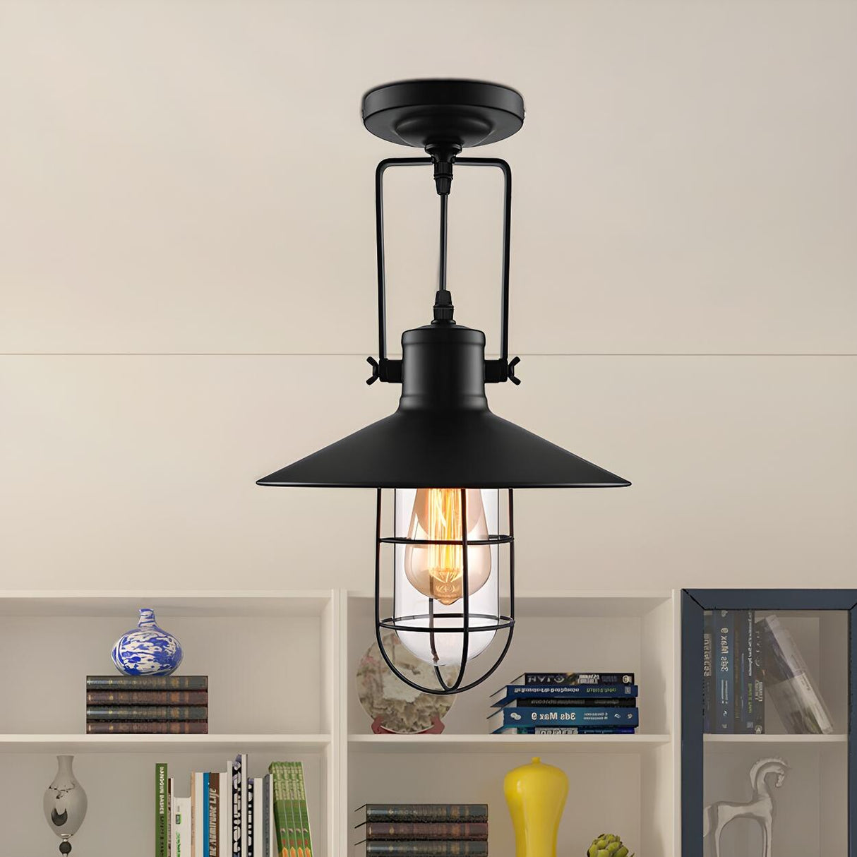 Industrial Mini Black Cone Cage Semi-Flush Mount Light Image - 6