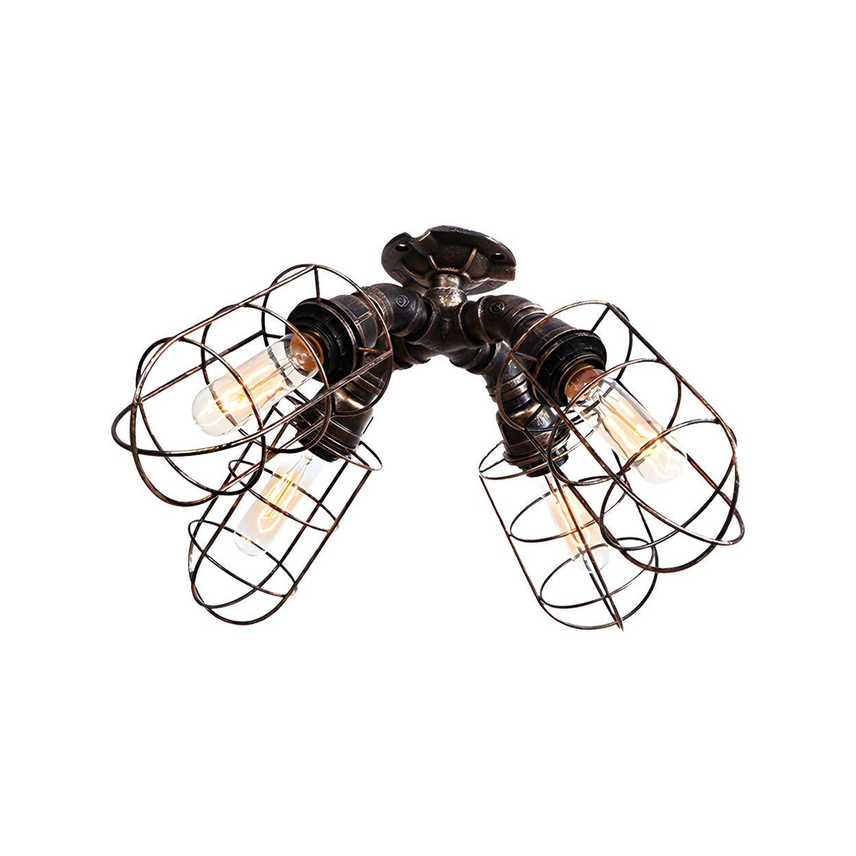 Industrial Mini Pipe Caged Semi-Flush Mount Lamp 4-Bulb Image - 3