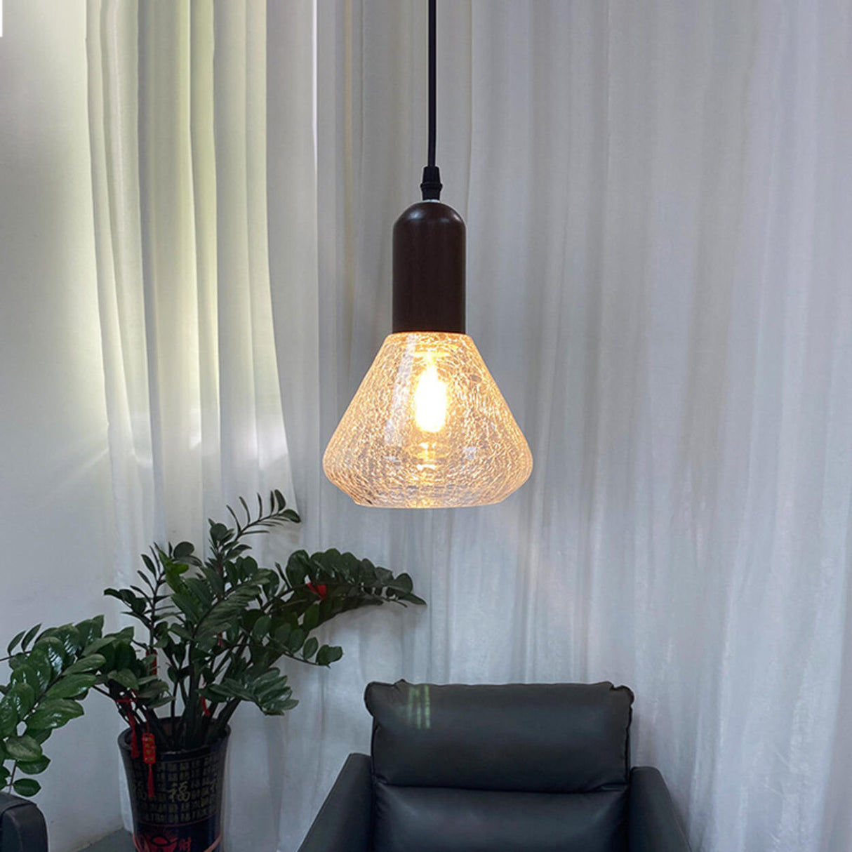 Industrial Modern Crackled Cone Glass Pendant Light Image - 3