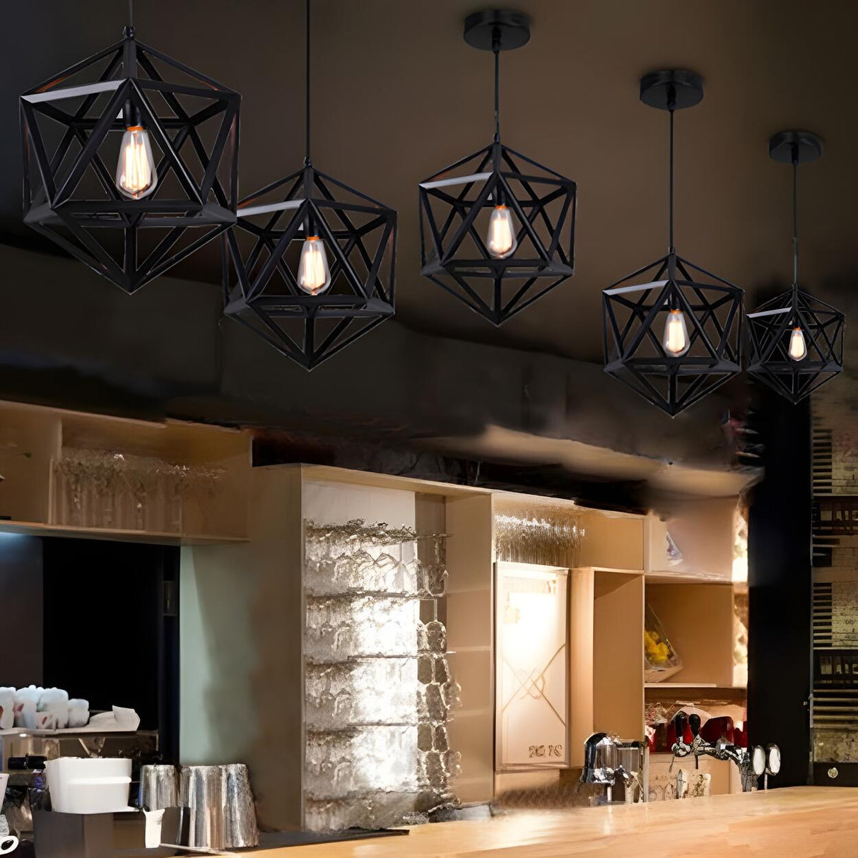 Industrial Modern Geometric Black Metal Pendant Light Image - 3