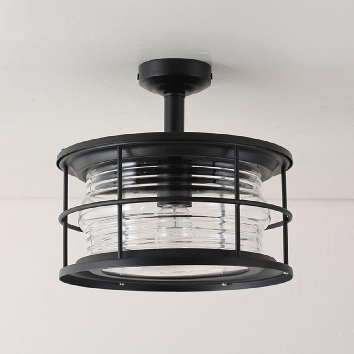 Industrial Outdoor Lantern Black Semi-Flush Mount Light Image - 15