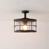 Industrial Outdoor Lantern Black Semi-Flush Mount Light Image - 5