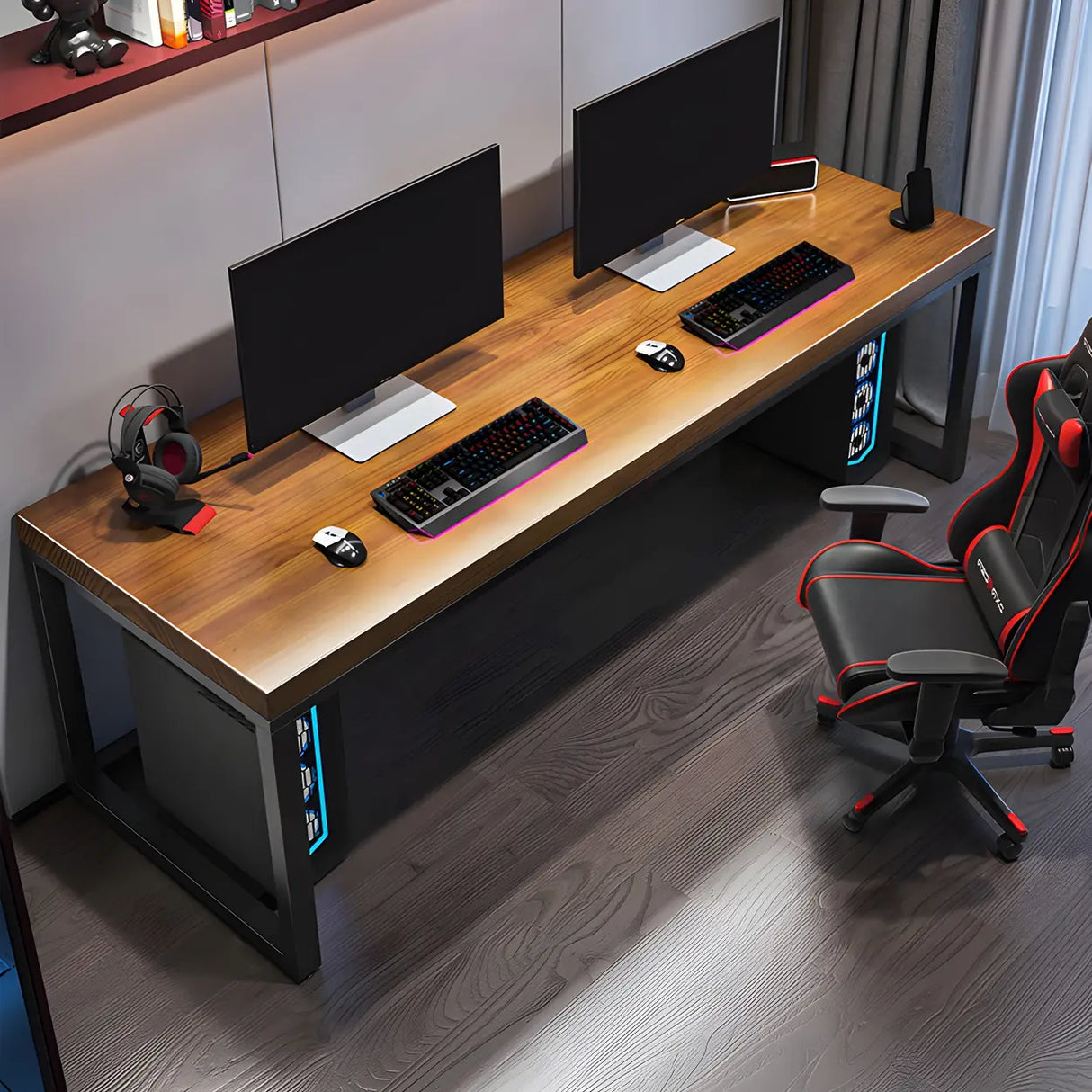 Industrial Pine Wood Rectangle Sled Double Gaming Desk Image - 3