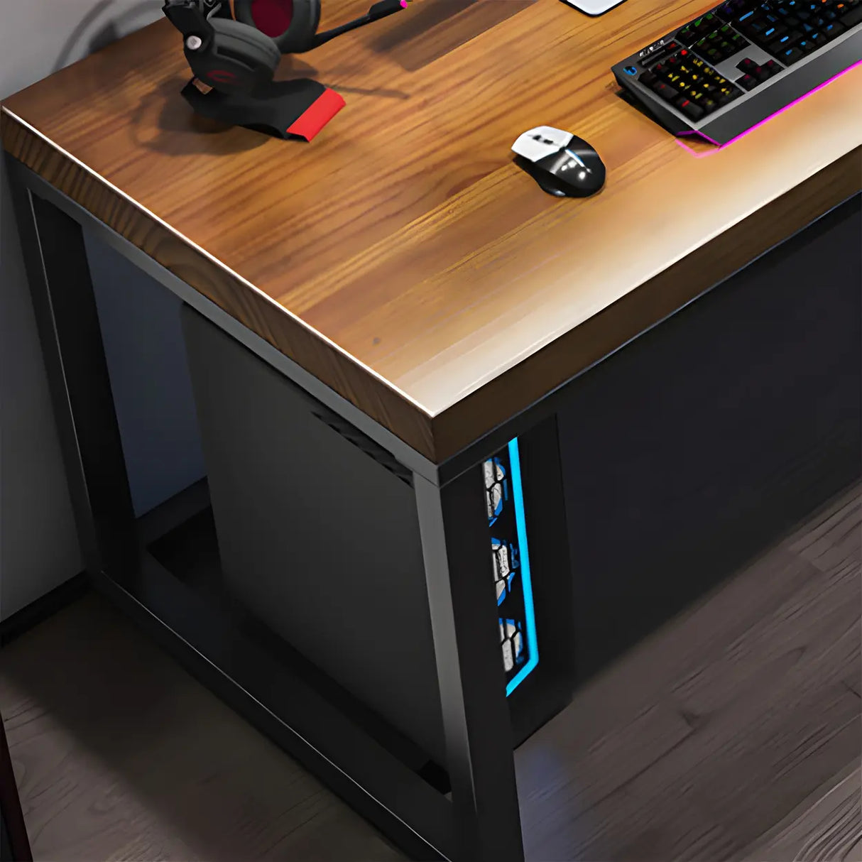 Industrial Pine Wood Rectangle Sled Double Gaming Desk Image - 6