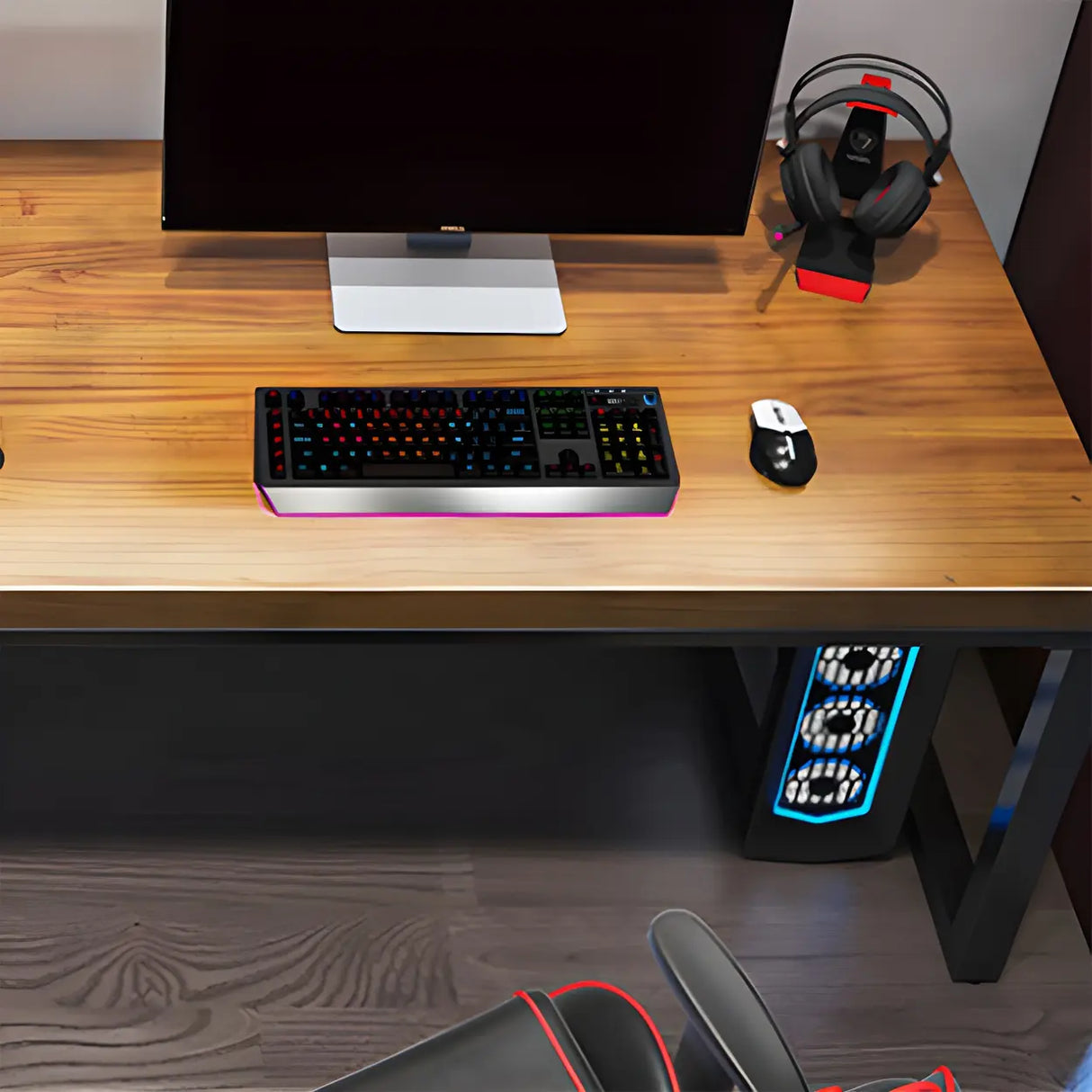 Industrial Pine Wood Rectangle Sled Double Gaming Desk Image - 9