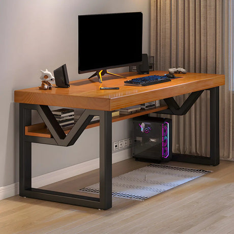 Industrial Pine Wood Shelf Rectangle Sled Gaming Desk Image - 2