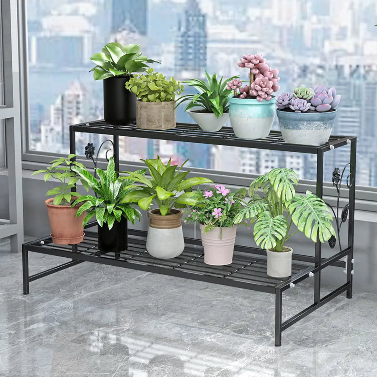 Industrial Rectangle Metal Mesh Crate Plant Stand White Image - 10