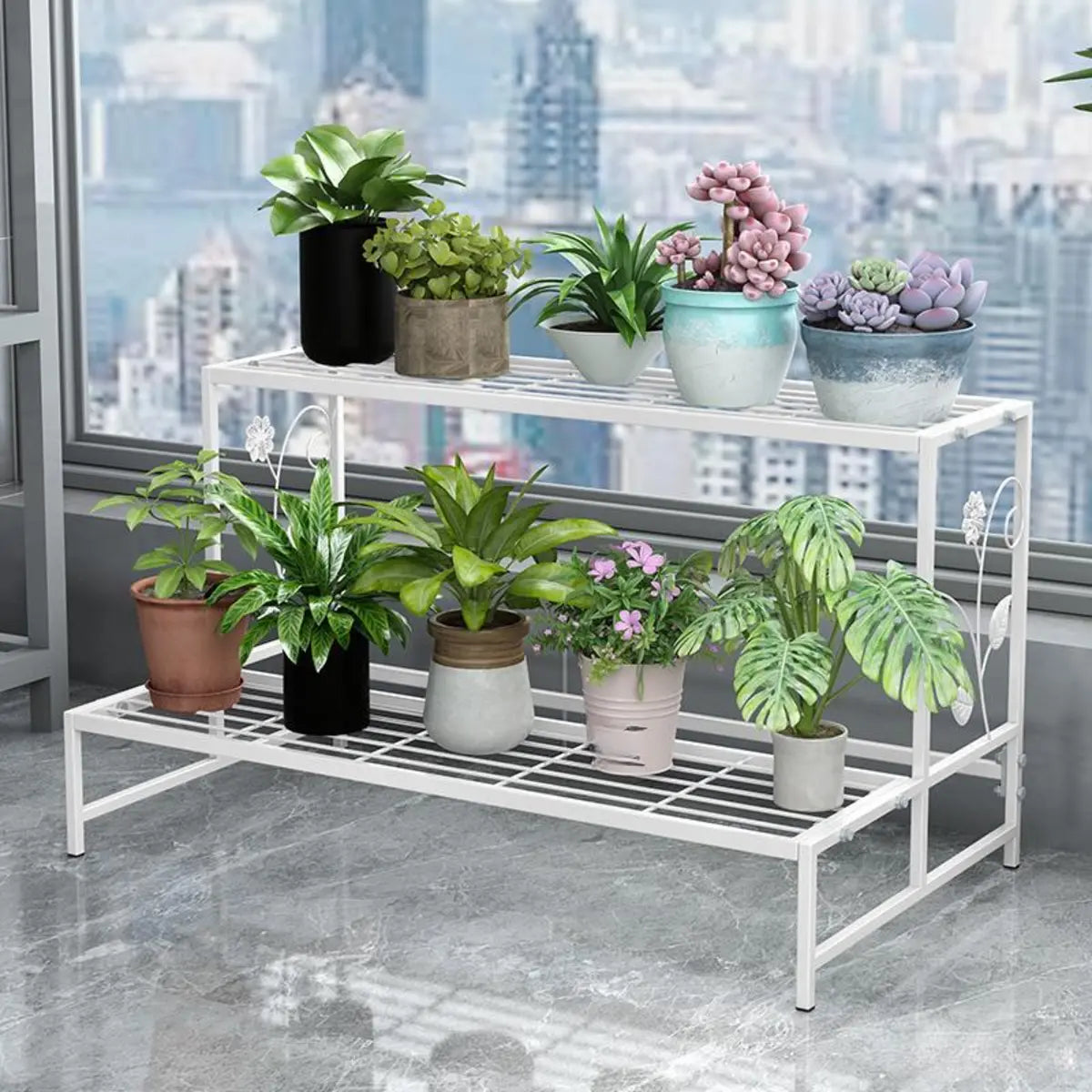 Industrial Rectangle Metal Mesh Crate Plant Stand White Image - 8