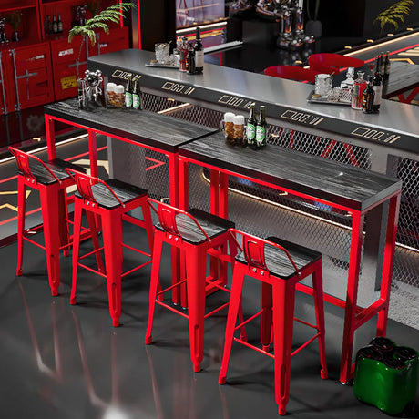 Industrial Rectangular Metal Grey-Red Fixed Bar Table Set Image - 1