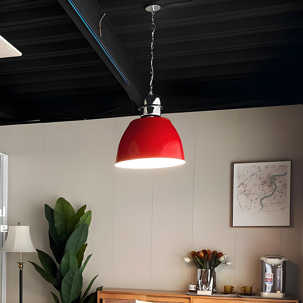 Industrial Red Metal Dome Restaurant Pendant Light Image - 7