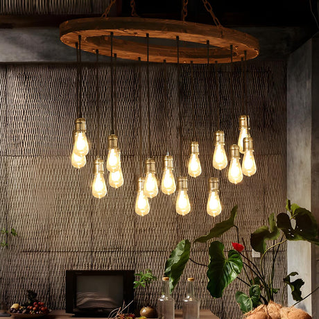 Industrial Restaurant Circular Wood Exposed Bulbs Chandelier Image - 1