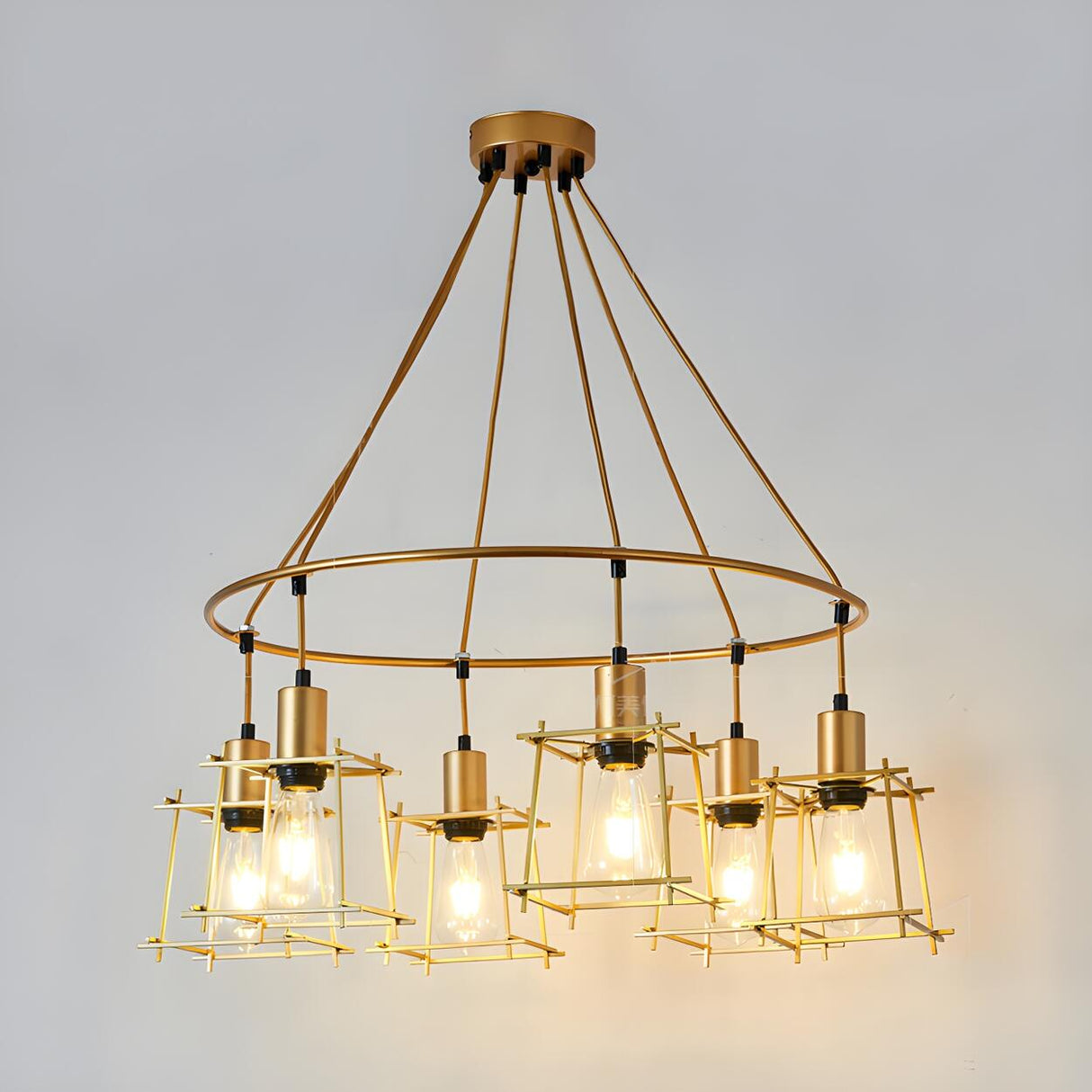 Industrial Restaurant Ring Gold Square Cage Chandelier Image - 1