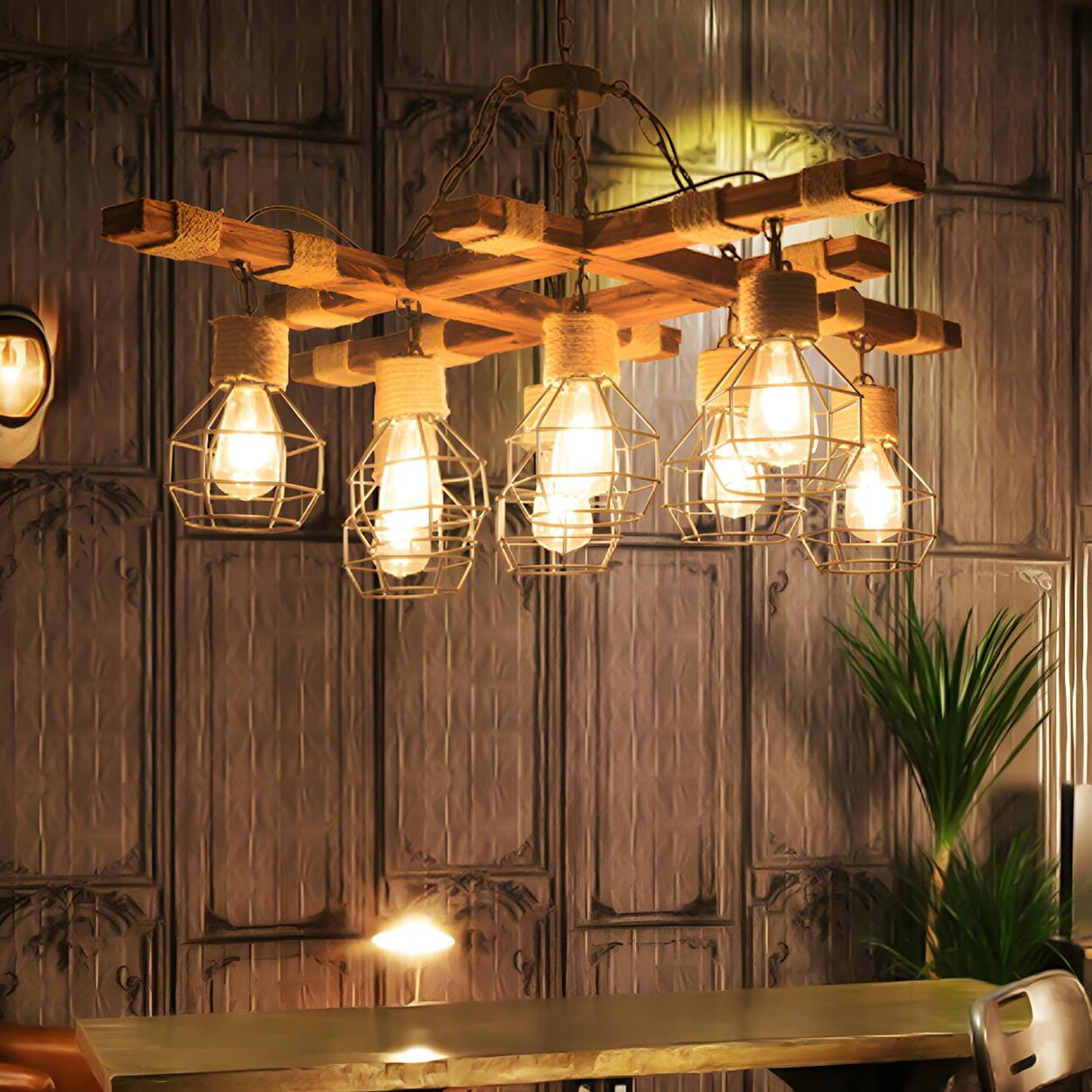 Industrial Restaurant Wood and Metal Cage Chandelier Image - 2