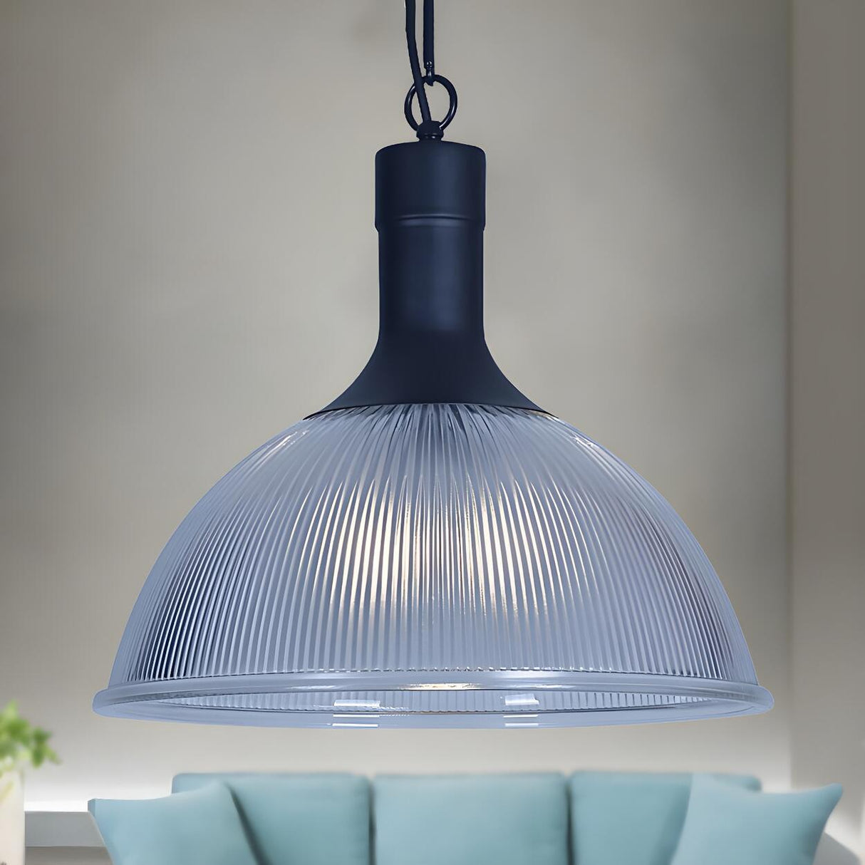 Industrial Ribbed Glass Black Dining Room Pendant Light Image - 1