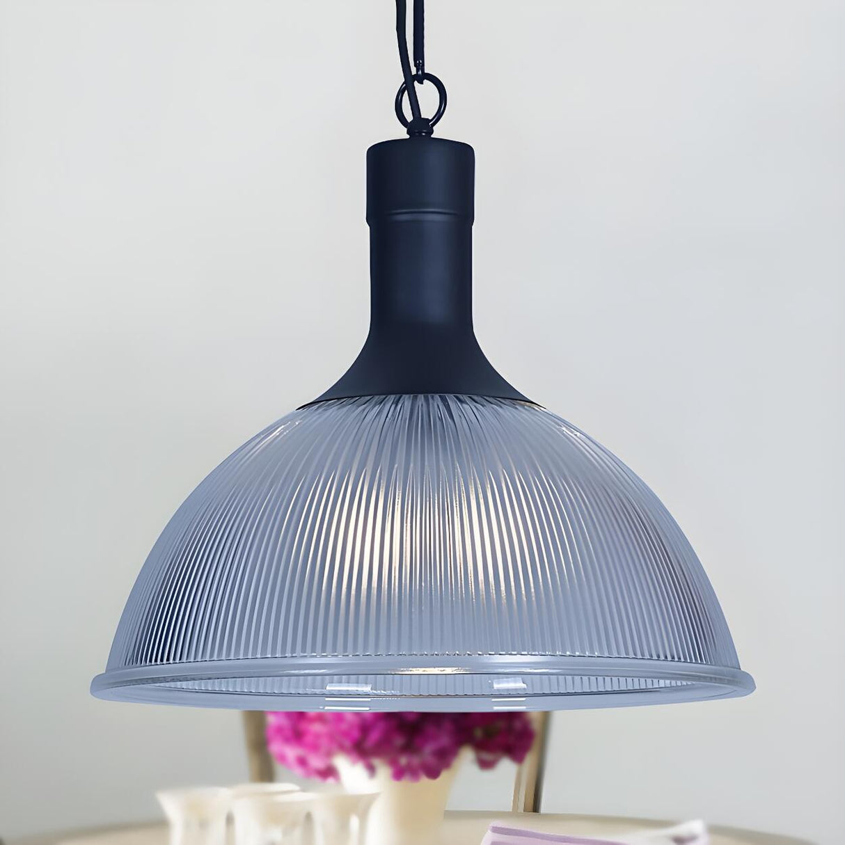 Industrial Ribbed Glass Black Dining Room Pendant Light Image - 4