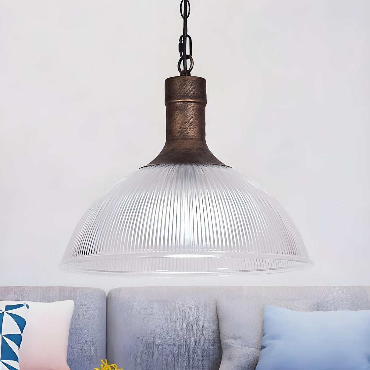 Industrial Ribbed Glass Black Dining Room Pendant Light Image - 9