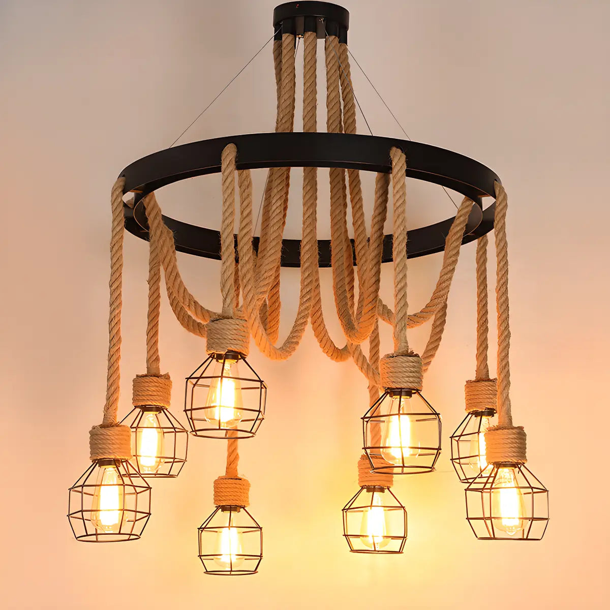 Industrial Round Geometric Rope Kitchen Black Chandelier Image - 12