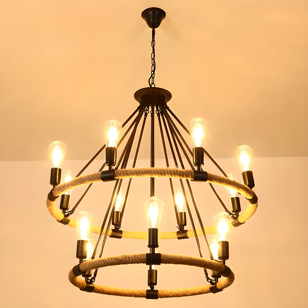 Industrial Round Geometric Rope Kitchen Black Chandelier Image - 19