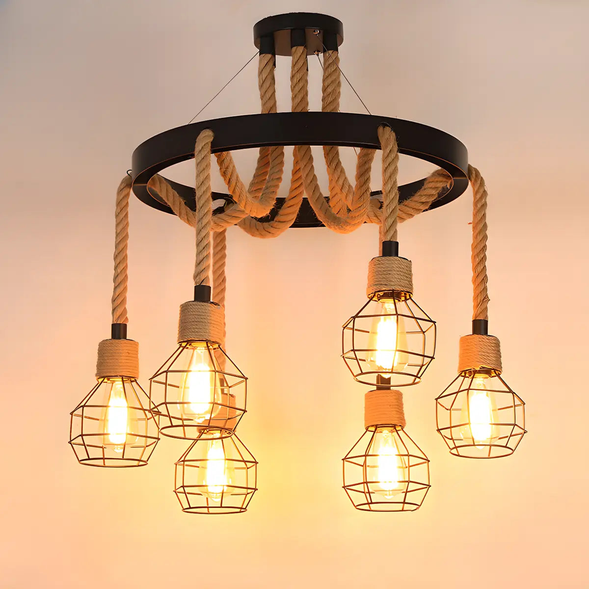 Industrial Round Geometric Rope Kitchen Black Chandelier Image - 20