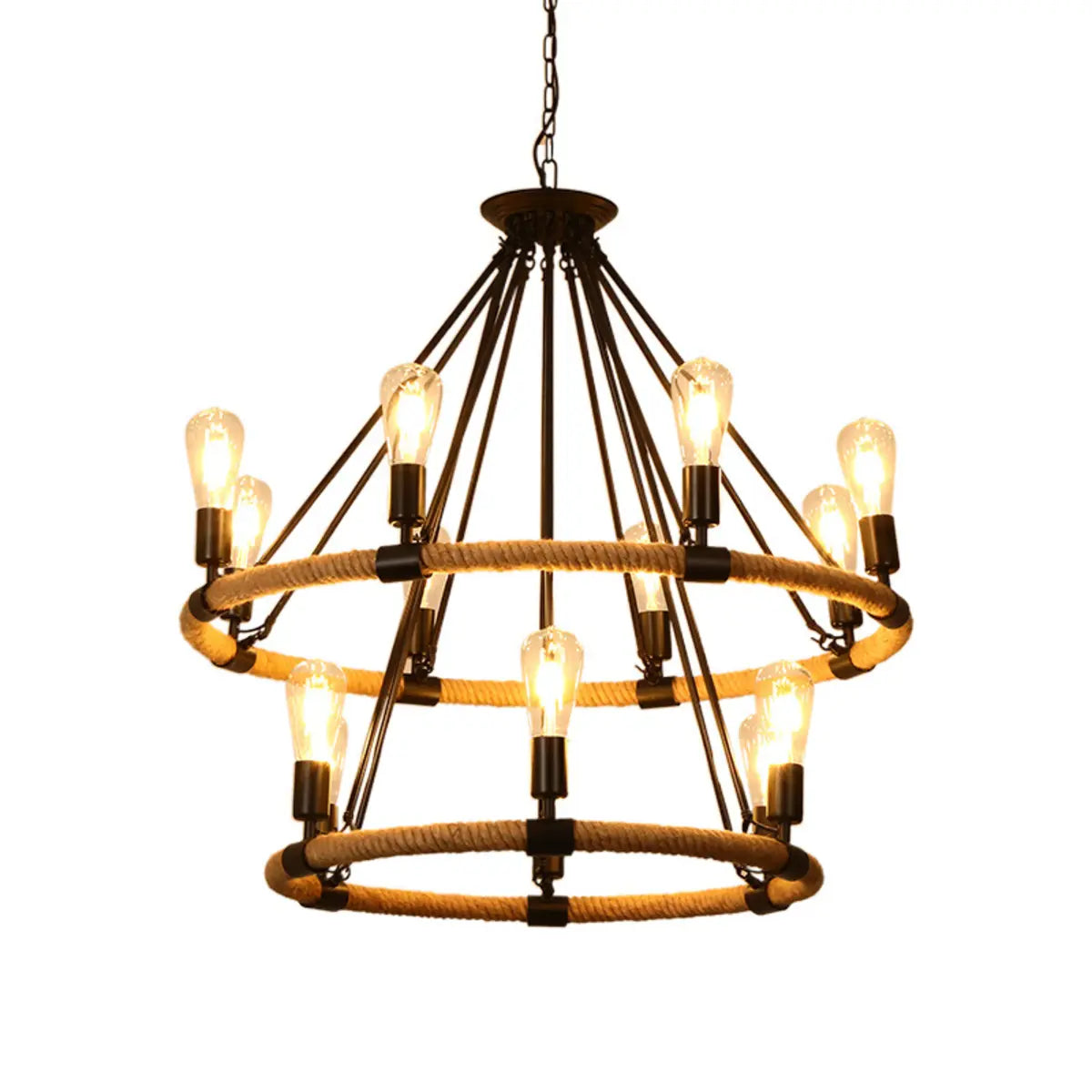 Industrial Round Geometric Rope Kitchen Black Chandelier Image - 5