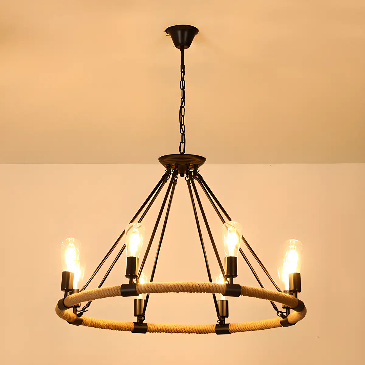 Industrial Round Geometric Rope Kitchen Black Chandelier Image - 7