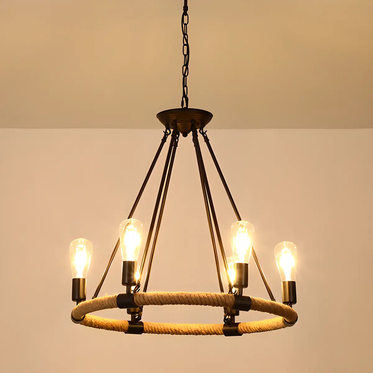 Industrial Round Geometric Rope Kitchen Black Chandelier Image - 9