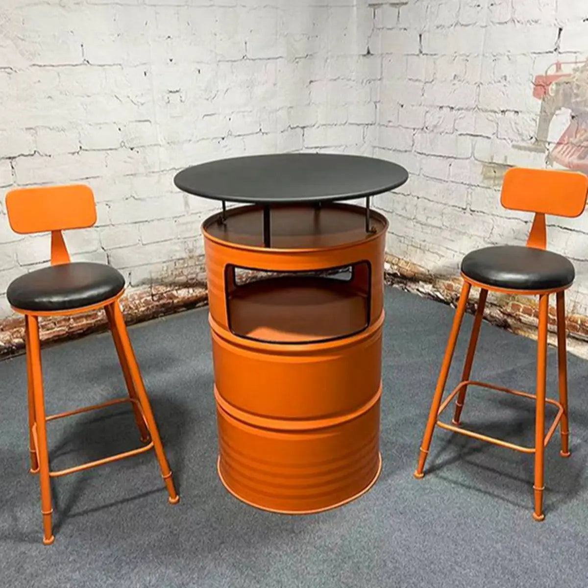 Industrial Round Metal Orange Bar Set with Storage Image - 5