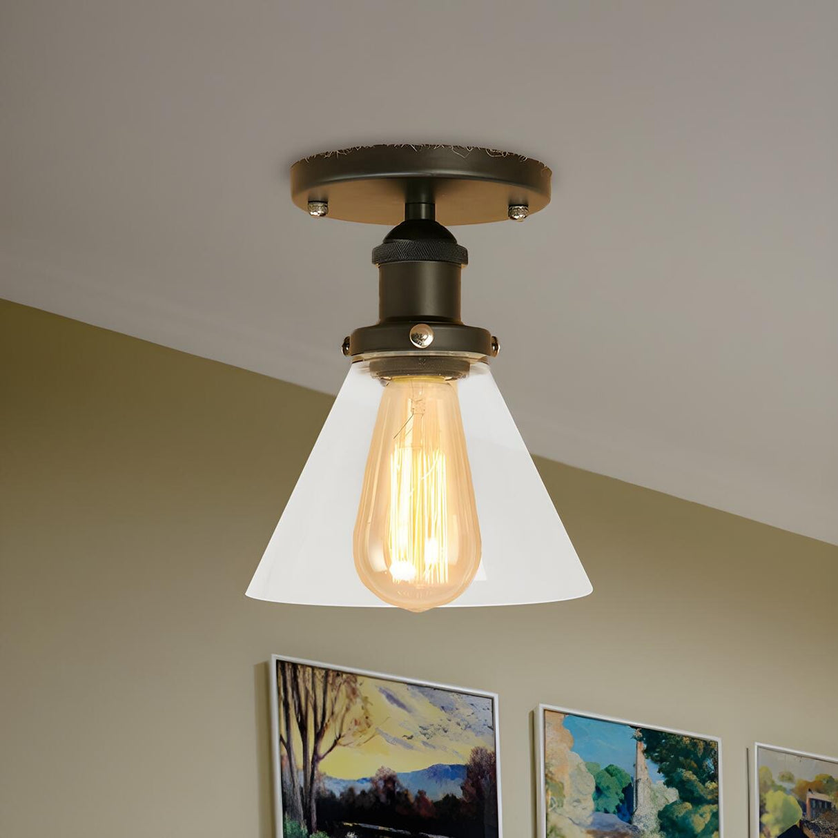 Industrial Rust Cone Clear Glass Flush Mount Light Image - 19